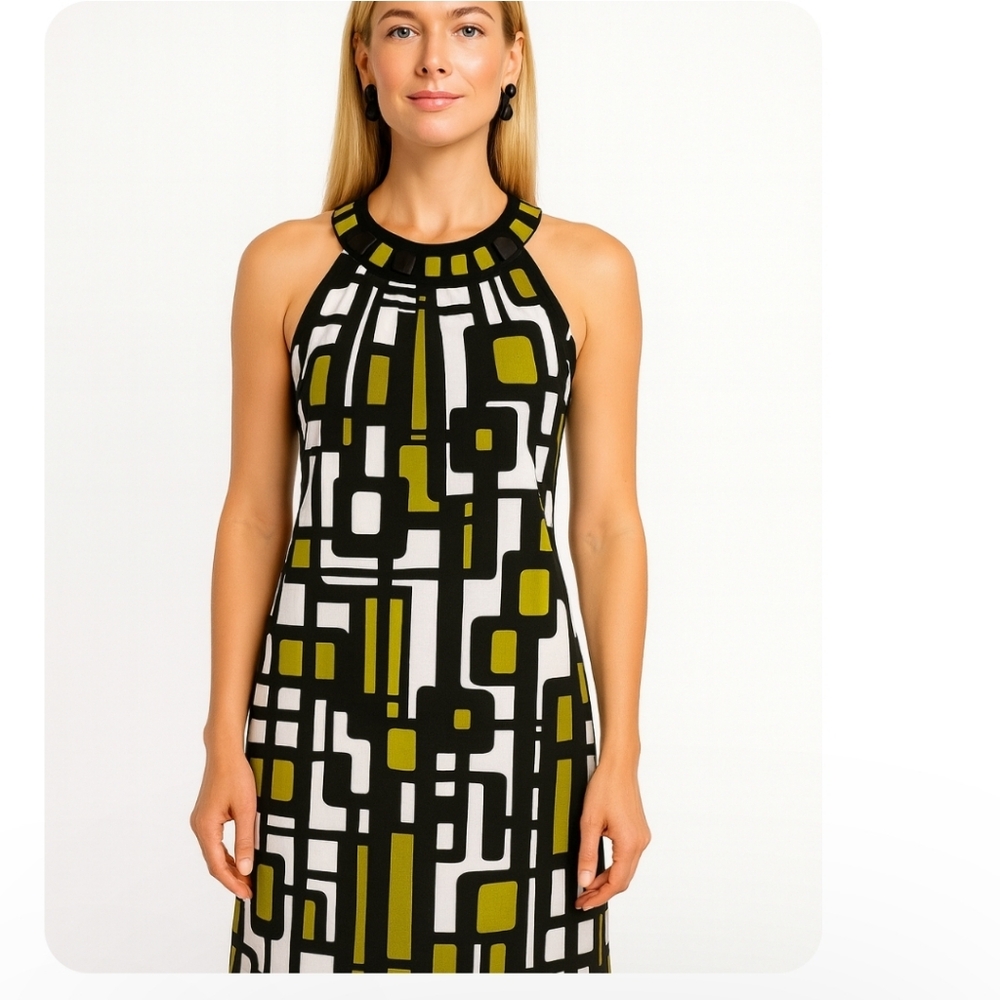 Laura Petite | Geometric Print Halter Neckline Midi Dress - Picture 8 of 11